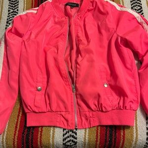 New Look Youth Neon Pink Bomber Jacket White Stripe Sleeves Zip Front